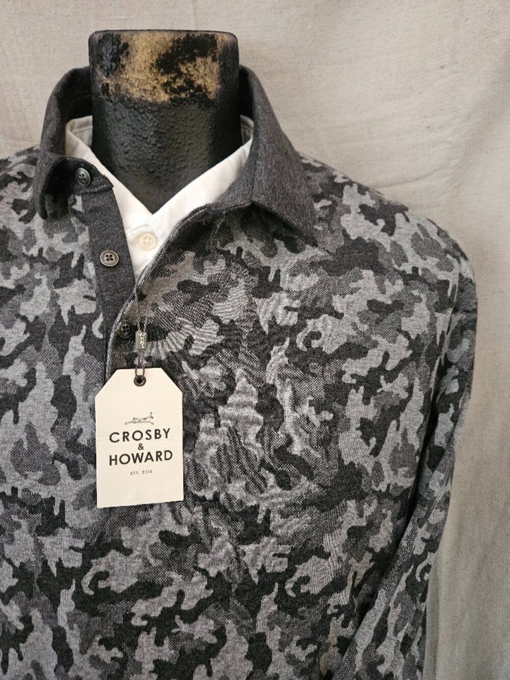 Men's Crosby & Howard Long Sleeve Gray Camouflage Polo Shirt Sweater NEW Sz XL - Picture 3 of 8